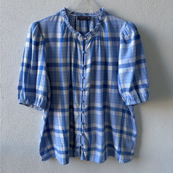 Vineyard Vines Tops - Vineyard Vines XXL Blue Checkered Button Front Short Sleeve Top Ruffle Neck Soft